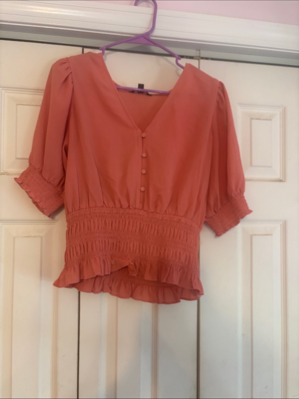 Express Coral V-Neck Puff Sleeve Smocked Peplum Blouse